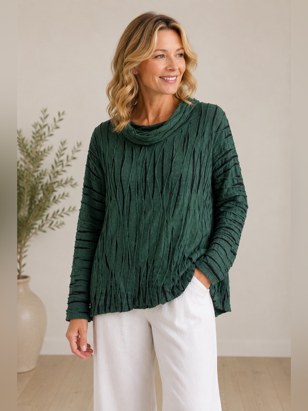 Habitat Green Black‎ Stripe Textured Cowl Neck Sweater Size Large Boxy Lagenlook